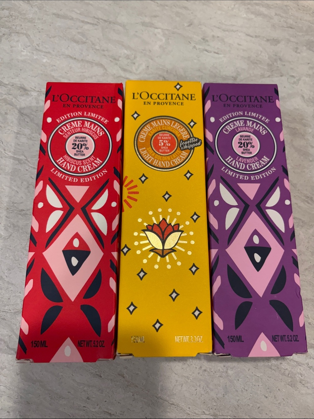 L'OCCITANE Hand Cream Trio in Red, Yellow, Purple Decorative Boxes